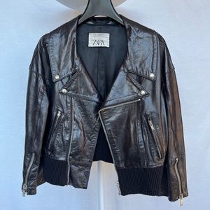 Zara (M) genuine leather moto jacket, butter soft, cropped with cropped sleeves.